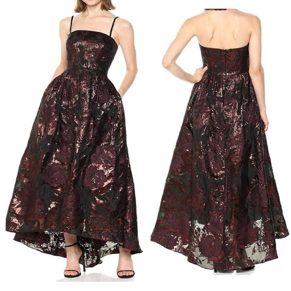 Vera Wang Bronze Metallic Hi Lo Floral Maxi Brocade Gown Sz 10
